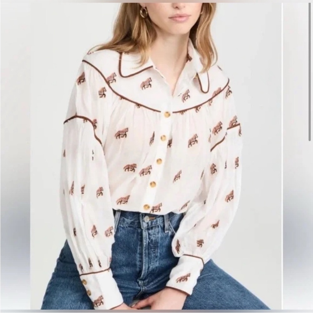 FARM Rio White Button-Front Blouse with Brown Horse Print